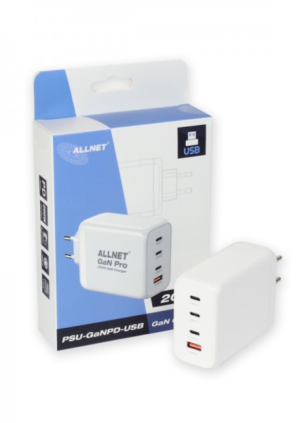 ALLNET Ersatznetzteil QC USB-C PD GaN Netzteil Power Supply200Watt 1x USB Typ-A QC, 3x USB Typ-C**EU