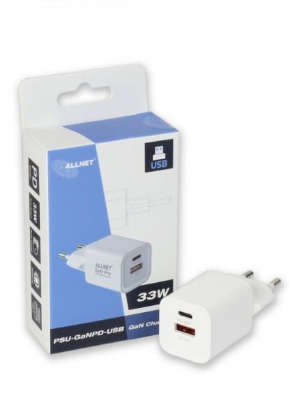 ALLNET Ersatznetzteil QC USB-C PD GaN Netzteil Power Supply33Watt 1x USB Typ-A QC, 1x USB Typ-C**EU