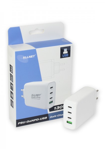 ALLNET Ersatznetzteil QC USB-C PD GaN Netzteil Power Supply130Watt 1x USB Typ-A QC, 3x USB Typ-C**EU